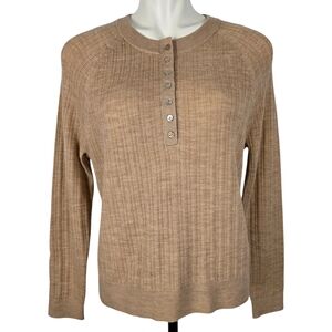 NWT Max Studio Women's Sweater Henley Button Extrafine Merino Wool Tan Size L